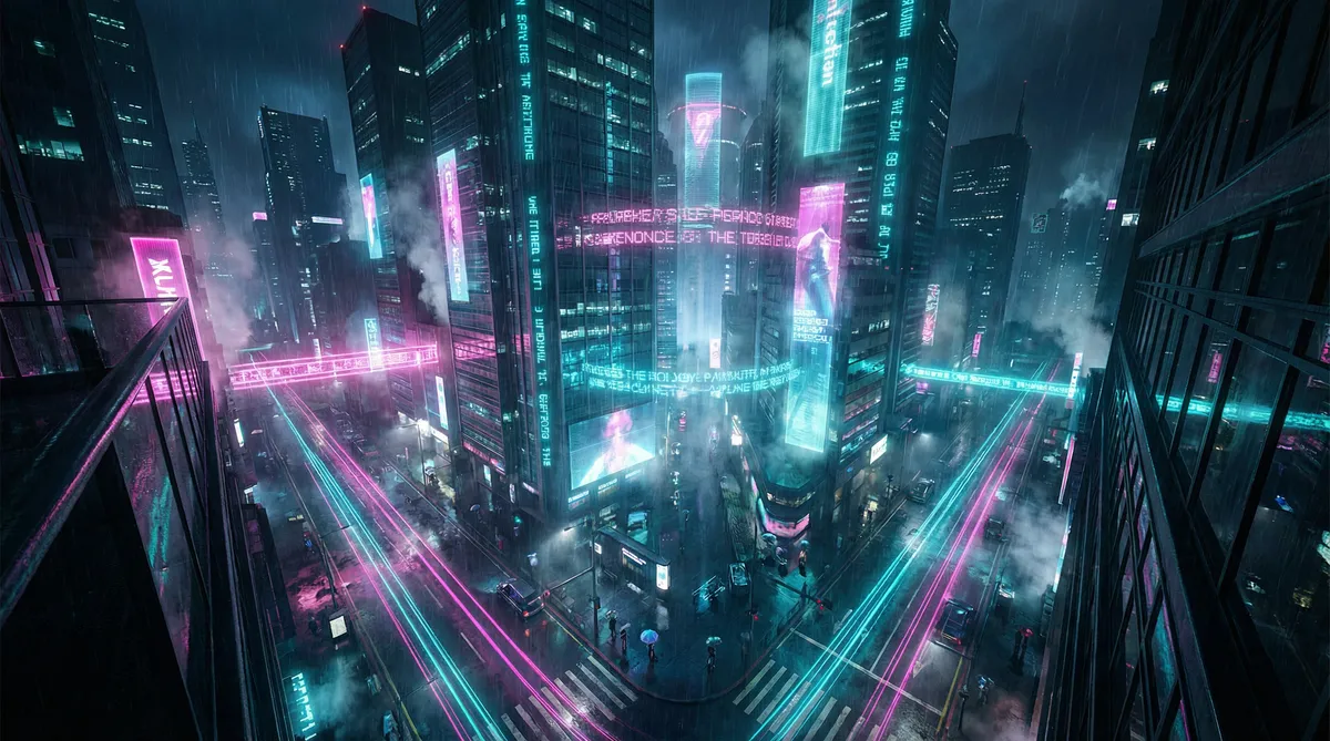 电影密林追击 竖屏短剧平台首页背景 - 赛博朋克都市夜景